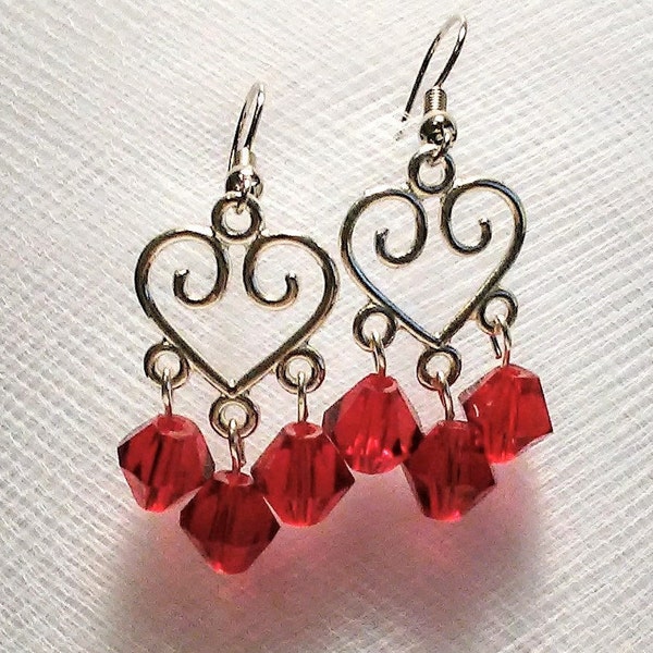 Heart with dark red glass bicone bead drops earrings long dangle silver swirls beautiful trendy love Valentine's day Christmas delicate moms