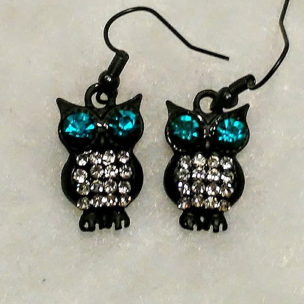 Black owl metal charm earrings dark teal rhinestone eyes short lightweight fun cute animals barn farms zoos vets pets family new unique gift