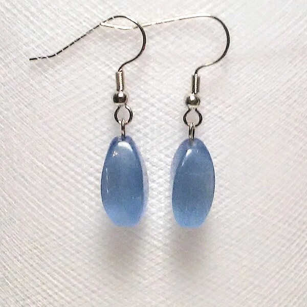 Blue faceted oval cats eye glass bead earrings small short lightweight simple pretty casual formal new trending fashions moms baby showers
