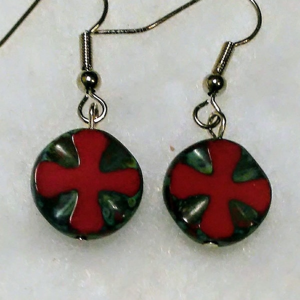 Gothic Templar Renaissance medieval Czech glass red cross gray earrings Templar Knights trending mid century trending colors symbols magicks