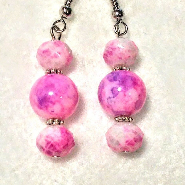 Pink and purple swirl glass bead earrings with silver plated spacers new fun trends fashions styles girly kids moms costumes prom presents