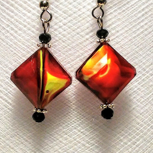 New Fall Autumn Falling leaf or fire flames colored glass earrings with glass and silver accents red orange yellow elegant trending moms fun