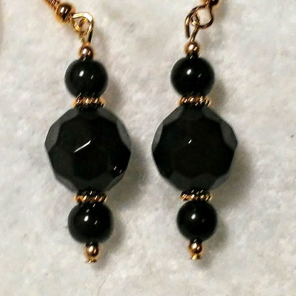 Beautiful long black glass bead earrings with gold colored accents dark Gothic trendy chic fun elegant classy formal prom homecoming moms