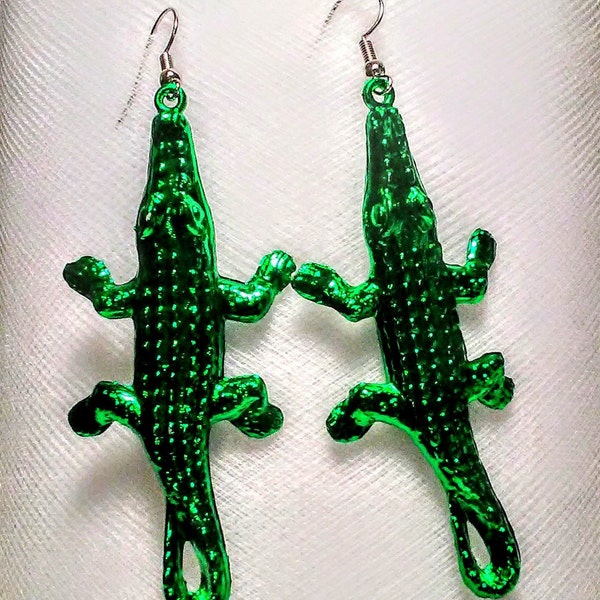 Alligator gators acrylic metallic green earrings long and lightweight swamp creatures Florida Louisiana crocodiles reptiles fun cute gifts