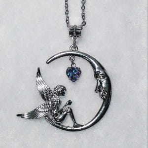 Fairy Moon Pendant Necklace, Silver Fantasy Heart Charm