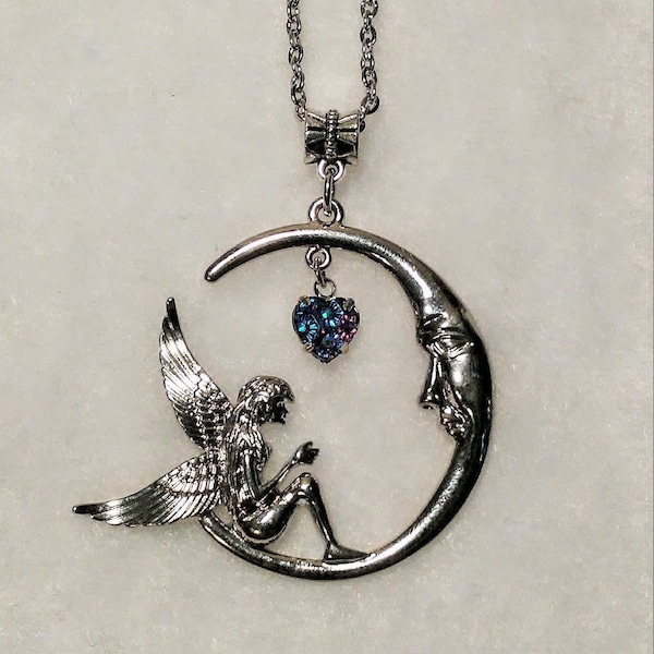 Fairy crescent moon large pendant necklace silver fantasy enchanted fairy tales story magical mystic beautiful fae people Cosplay faeries