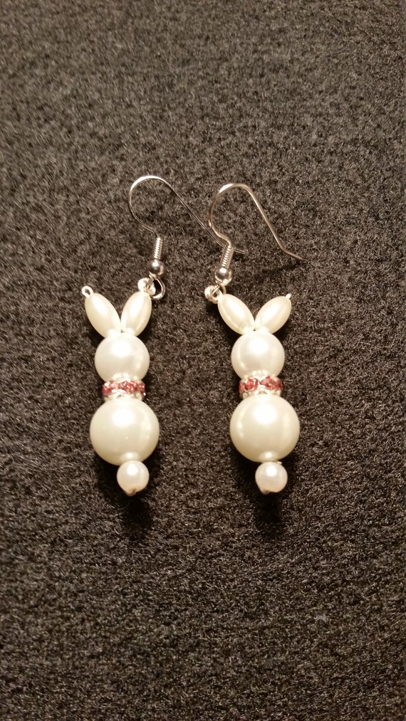 Easter Rabbits bunny cute glass pearl earrings with a pink rhinestone rondelle scarf family pets pet lovers holidays handmade unique girly