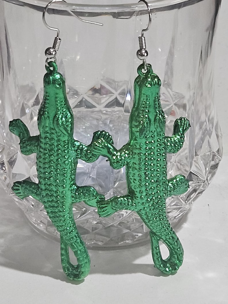 Metallic Green Alligator Earrings, Fun Acrylic Reptile Jewelry light or dark image 1