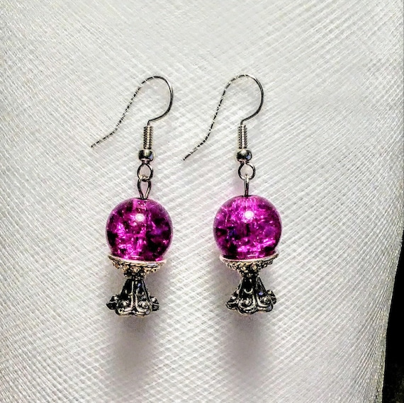 Purple Crackle Glass Crystal Ball Earrings, Silver Plated Bead Caps