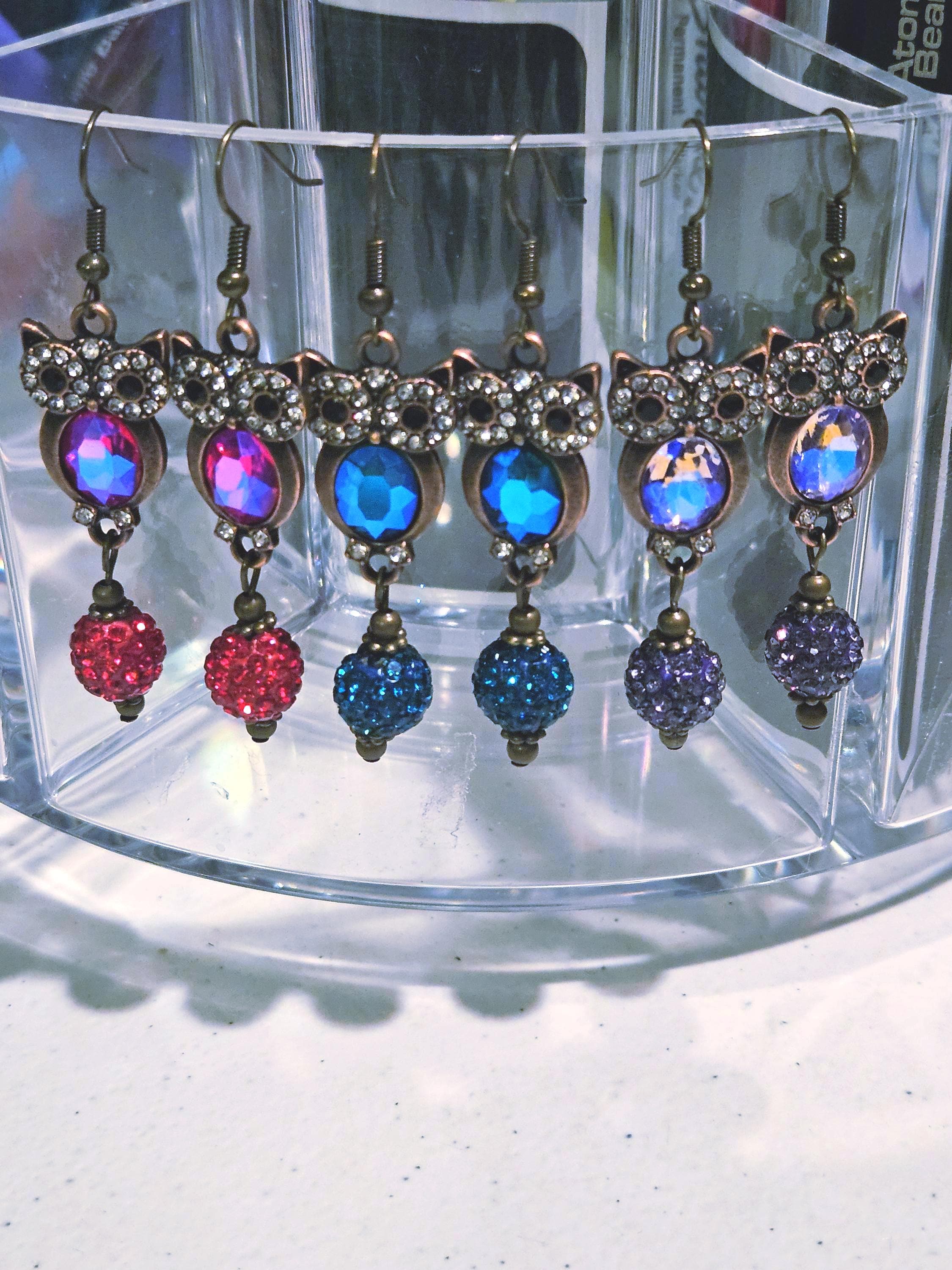 Owl in antique gold in red, purple or teal long dangle