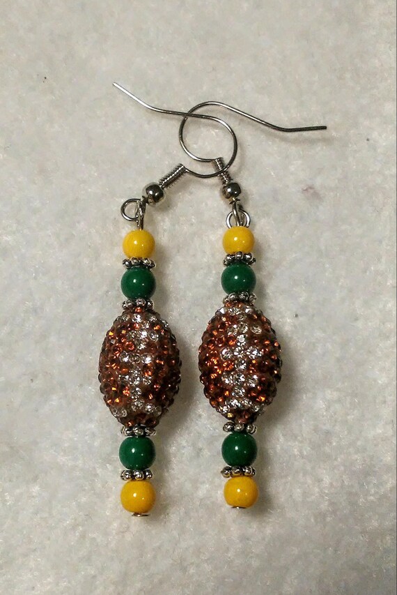 Green Bay Packers Nfl Rhinestone Football Bead And Team Colored Earrings Sports High School Mascots Moms Fans Players Middle Junior Trending