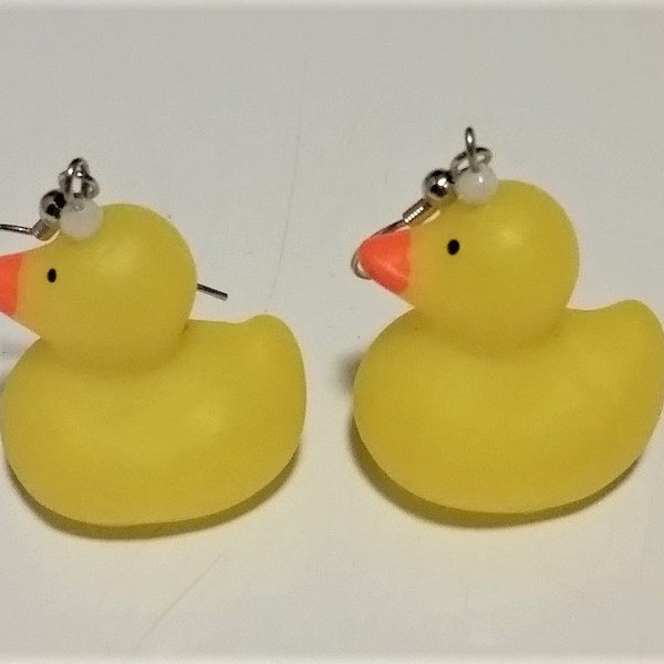 Duck Small rubber ducky earrings with glass opaque white bead accents for the fun-loving odd weird strange costumes Cosplay water animals