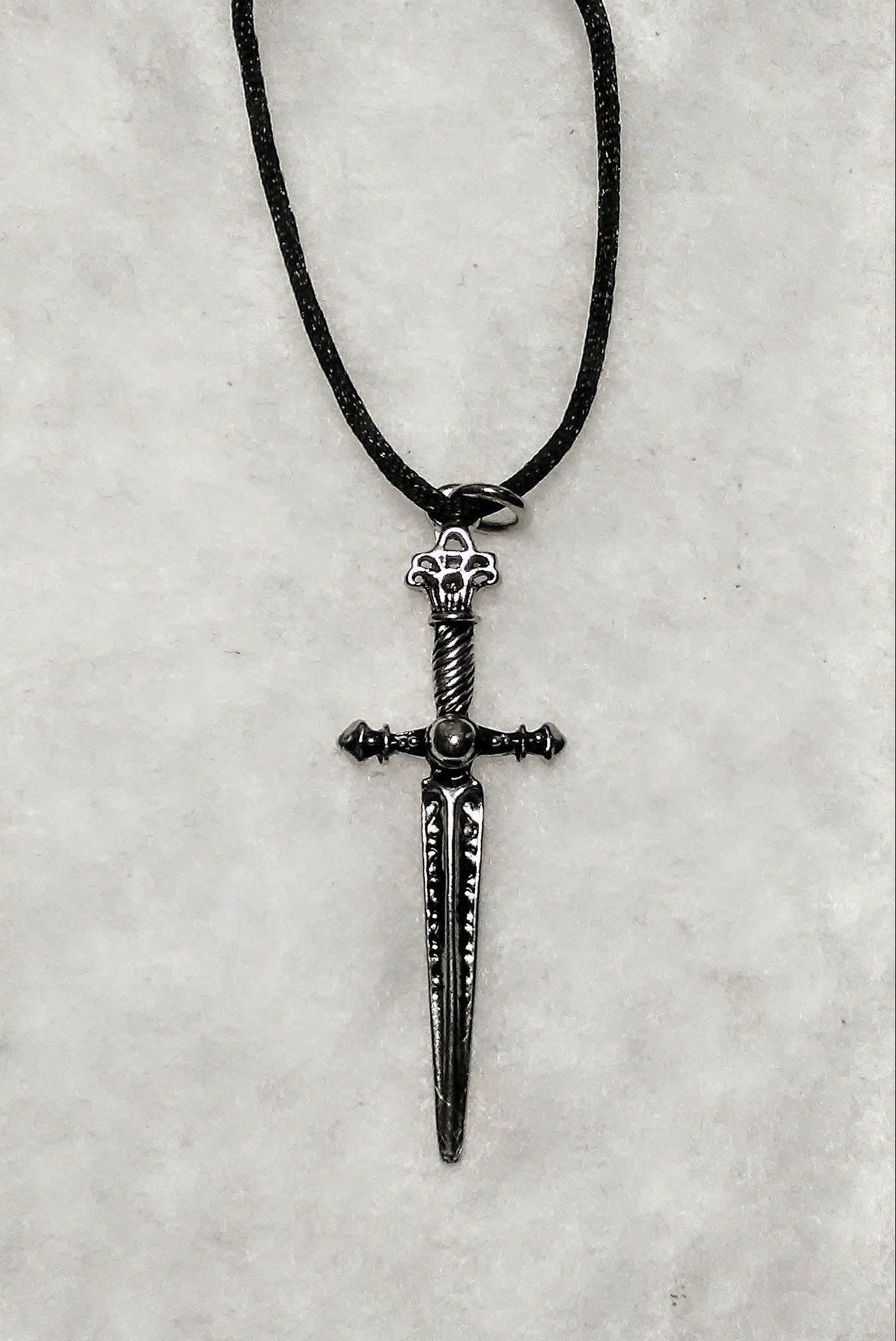 Sword Antique silver plated long Gothic medieval charm necklace talisman good luck mid century Renaissance fairs Cosplay convention costumes