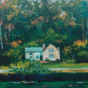 Forest cottage art print, wall decor nature painting gift