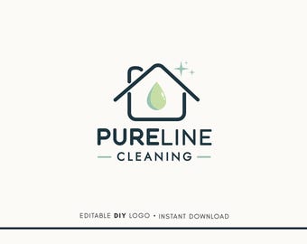 May include: A logo for a cleaning service called "PURELINE CLEANING". The logo features a stylized house with a green water drop inside and two small stars above it.