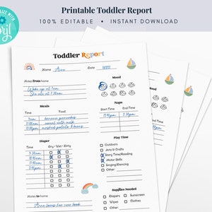 Boleta de calificaciones editable para niños pequeños - Horario diario para niños pequeños - Informe de niñera - Hoja de informe de guardería - Informe de guardería para niños pequeños - Boleta de calificaciones para bebés