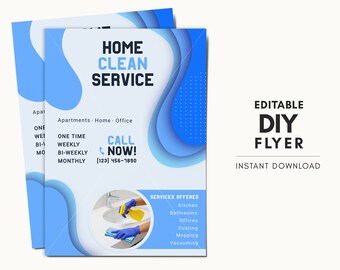 May include: A blue and white flyer with a paper cut-out design. The flyer advertises a home cleaning service with the text "Home Clean Service" and "Call Now!" with a phone number. The flyer lists services offered such as kitchen, bathrooms, offices, dusting, mopping, and vacuuming.