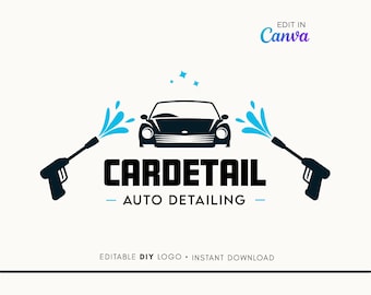 May include: CarDetail Auto Detailing logo. A black car is positioned between two water spray guns, with blue water effects. The company name is in bold black letters, with "Auto Detailing" below. The words "Edit in Canva" are in the top right.