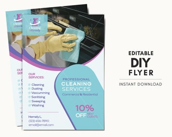 May include: A flyer for a cleaning service called "Cleaning Hemely" with a blue and pink colour scheme. The flyer advertises professional cleaning services for both commercial and residential properties. It also offers a 10% discount for new clients. The flyer includes a phone number and email address for contact.