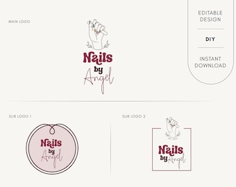 May include: Logo design for a nail salon called "Nails by Angel". The logo features a hand with painted nails holding a nail file, with the text "Nails by Angel" in a pink and white font.