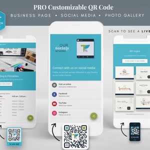 May include: Three smartphone mockups showing QR codes that can be scanned to access a business's social media, website, and logo templates. The text "SCAN TO SEE A LIVE DEMO" is displayed at the top of the image.