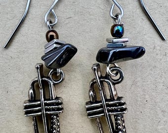 Trumpet Charm Earrings with Hematite