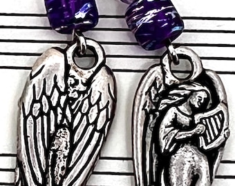 Orecchini con ciondolo "Angelo con arpa" in ametista