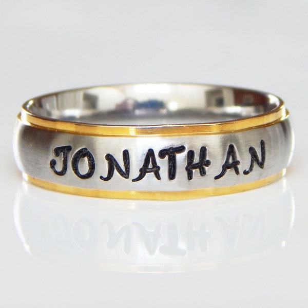 Name Ring - Stainless Steel - Personalized Name Ring - Custom Name Ring - Hand Stamped - 6mm & 8mm Bands - Gold Trim
