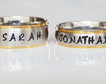 Stainless Steel Name Rings - Personalized Rings - Custom Rings - Couples Rings - 6mm & 8mm Bands - Gold Trim - Hand Stamped - Name Ring