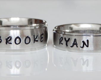 2 Name Rings - Stainless Steel - Personalized Name Rings - Custom Name Rings - Couples Rings - 6mm & 8mm Bands