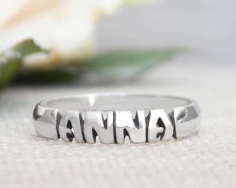 Hand Carved Sterling Silver Name Ring & Polishing Cloth - Personalized Custom Jewelry
