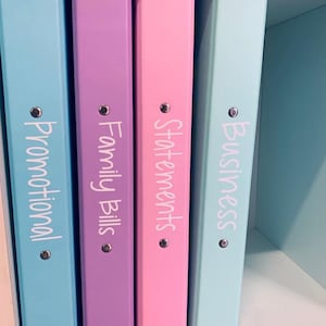 May include: Four binders on a white shelf, labelled "Business", "Statements", "Family Bills", and "Promotional". The binders are light blue, pink, purple, and light blue.