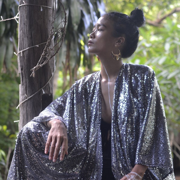 Futuristic Silver Sequin Sparkle Cape Kimono Cover-Up