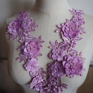 purple 3D flowers lace appliques, 36 cm* 11 cm off white dark pink beautiful lace appliques for huate couture sewing accessories