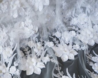 3D white handmade quality lace fabric, white 3D flowers embroidered sequins lace fabric by the yard, bridal lace fabric