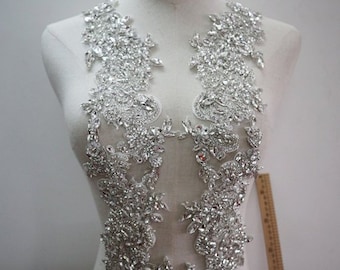 Apliques de contas de strass de luxo, apliques de corpete prateados, apliques de colarinho floral de cristal artesanal, faixa de noiva, cinto, acessórios de cabeça