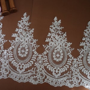 ivory embroidery with silver cord lace trim, silver cord embroidered lace trim for bridal gown hem costume accessories bridal veil