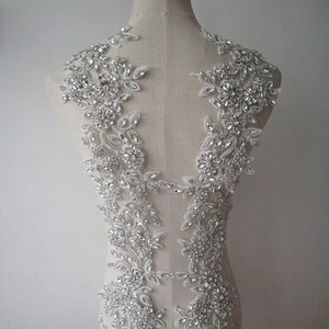 super bling heavy beaded rhinestone applique, silver shoulder front collar bodice handcraft crystal lace Bridal Sash headpieces sleeves
