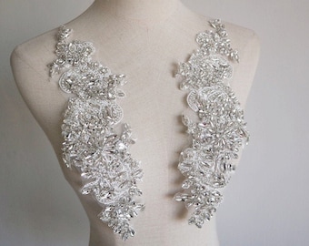 Apliques de strass de luxo, apliques de corpete de colarinho prateado, apliques de cristal artesanais, acessórios para cabeça de faixa de noiva