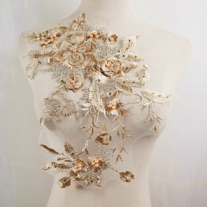 champagne gold 3D flowers lace applique, light gold floral Embroidered Bridal Applique for Dance Costumes , Bridal Gown Hem Accessories