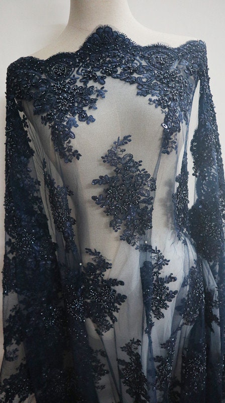 Luxury Dark Blue Heavy Beaded Lace Fabric by the Yard Navy - Etsy