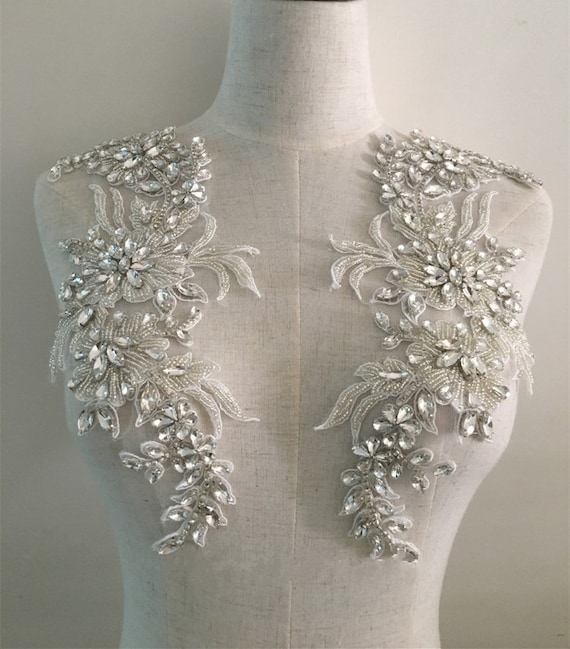 Deluxe silver rhinestone appliques, 3D flowers shoulder collar bodice appliques handcraft appliques Bridal Sash headpieces Accessories