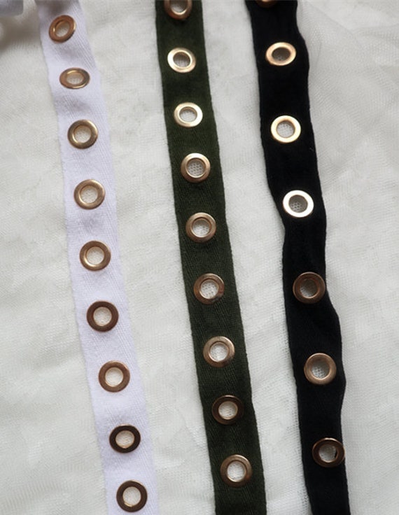 Black OR White Cotton Grommet Tape/ White Cotton Eyelet Trim, Cotton Grommet Holes  Eyelet Gold Plated Cotton Twill Tape By the Yard