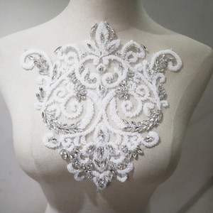 silver with white beads Rhinestone applique, encrusted beaded lace patch shoulder collar bodice handcraft Bridal Sash headpieces Accessories
