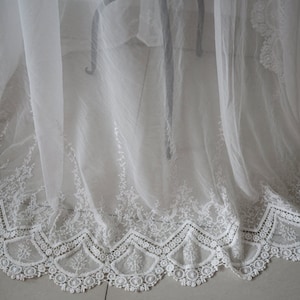 off white embroidered lace fabric by the yard, floral jacquard style lace fabric, vintage lace fabric