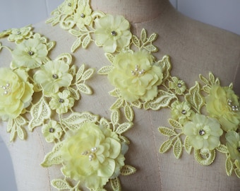 yellow 3D flowers lace applique, handmade guipure lace patches for bridal sash garter wedding couture sewing accessories