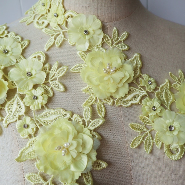 yellow 3D flowers lace applique, handmade guipure lace patches for bridal sash garter wedding couture sewing accessories