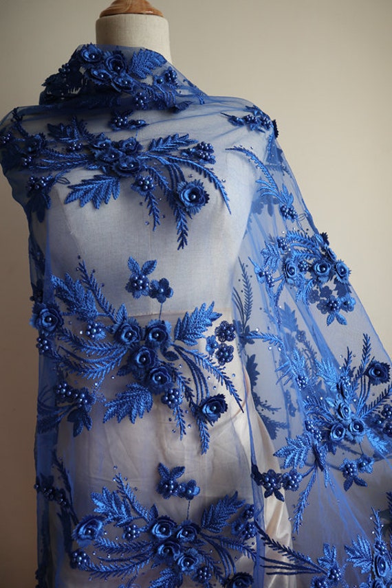 Royal blue DIY 3D flowers beaded lace fabric bridal wedding | Etsy