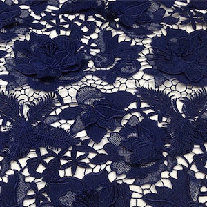 dark blue lace Fabric, 3d flowers hollow out embroidered vintage retro floral guipure lace fabric