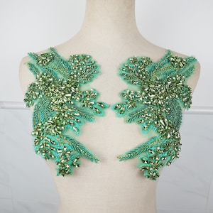 Green rhinestone appliques, beaded lace patches flower for shoulder collar bodice handcraft Bridal Sash headpieces Accessories